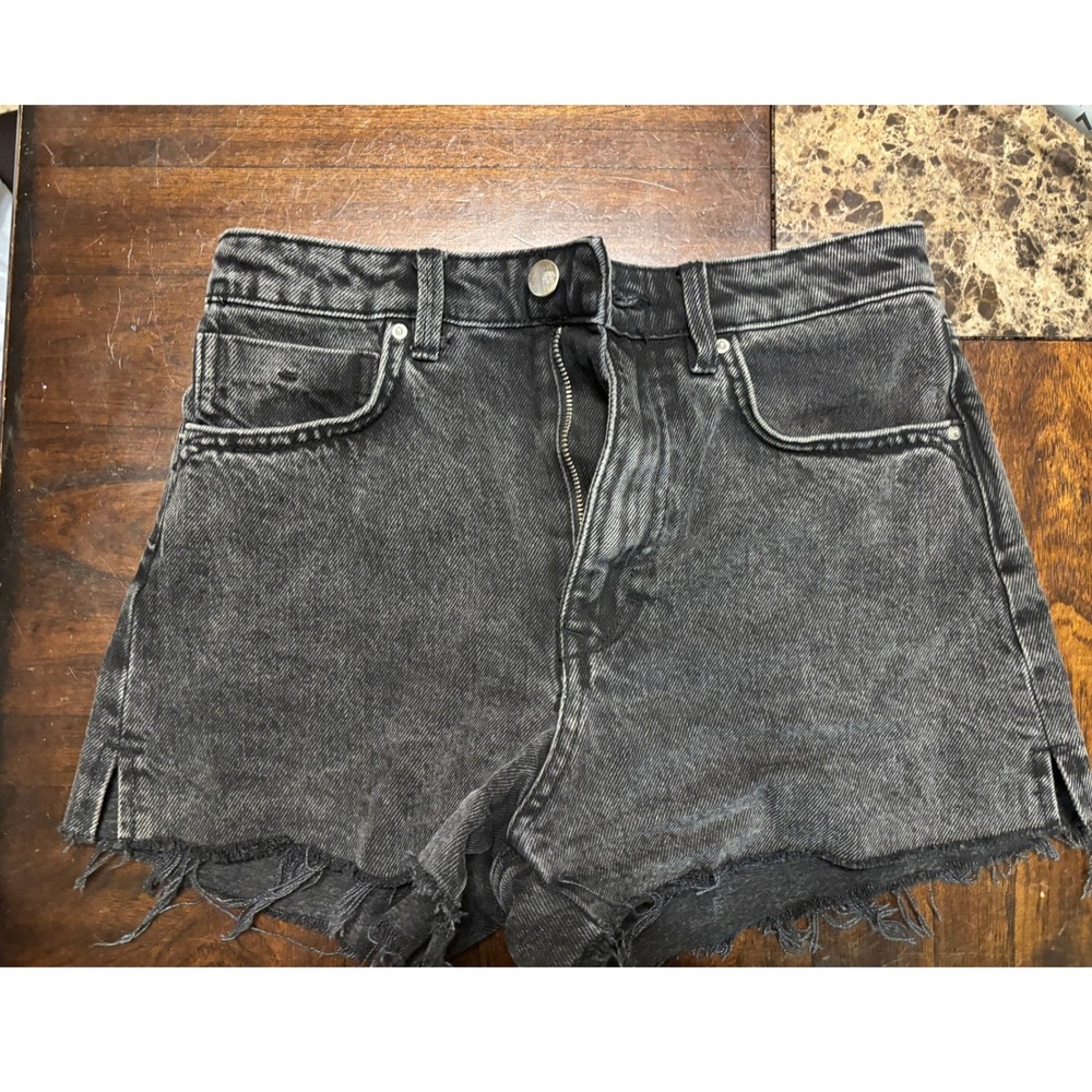 Zara Womens High Waisted Denim Shorts Washed Black Raw Hem Size 2